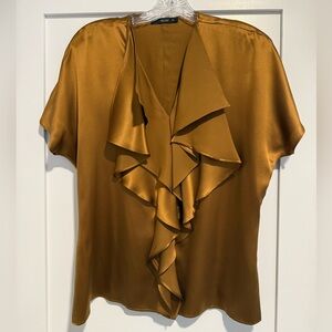Etro Gold Satin Blouse with Ruffle Detail, Size 48